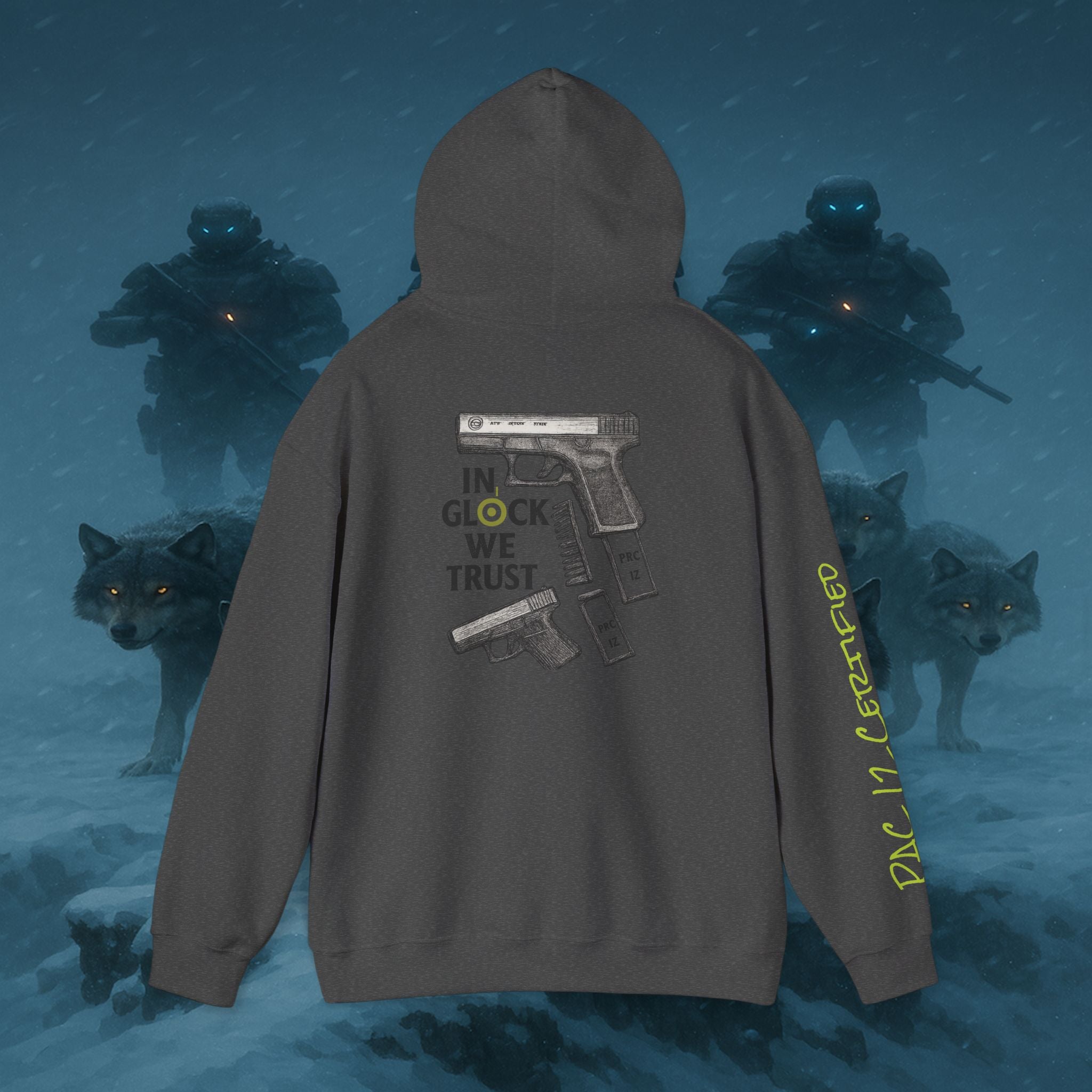 Pac 12 Hooded Sweatshirt with 'In Glock We Trust' Design