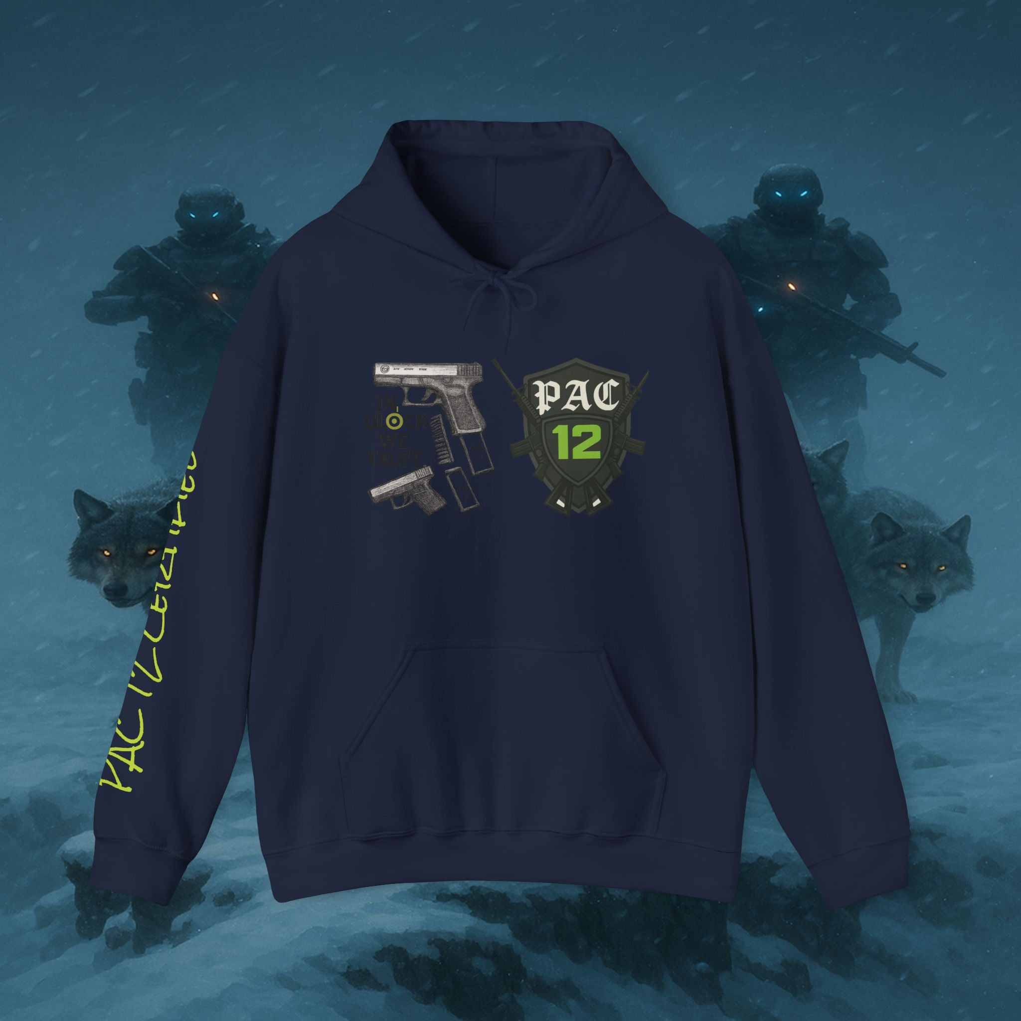 Pac 12 Hooded Sweatshirt with 'In Glock We Trust' Design