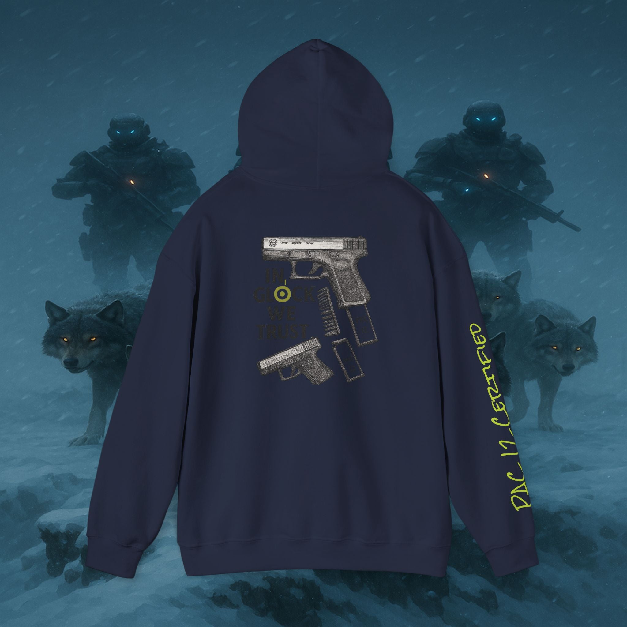 Pac 12 Hooded Sweatshirt with 'In Glock We Trust' Design