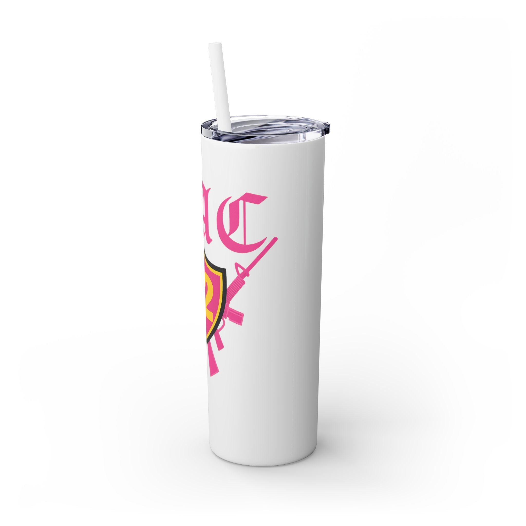 Custom Pink Shield Skinny Tumbler with Straw 20oz, Personalized Drinkware, Graduation Gift, College Student Mug, Sport Team Travel Cup
